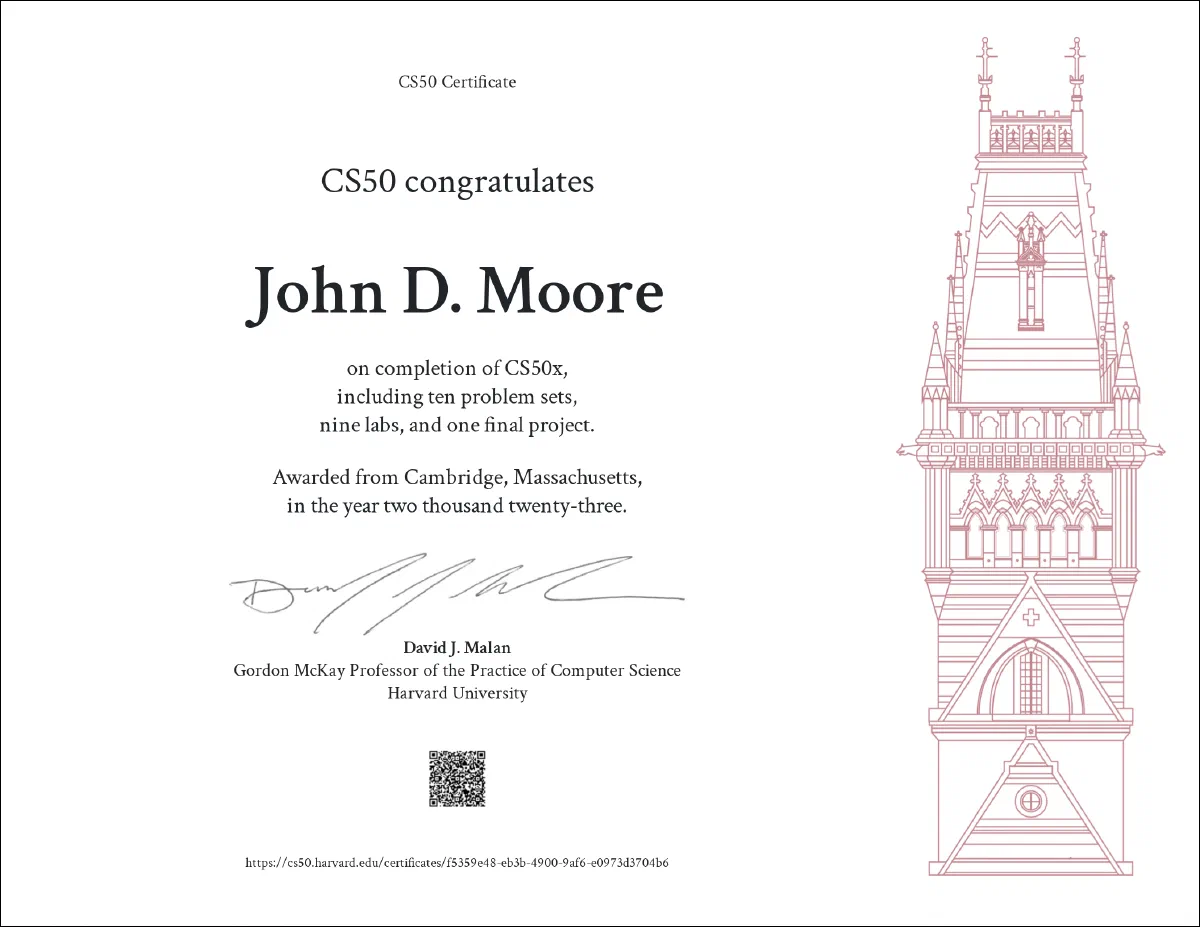 CS50x certificate issued to John Moore by Harvard University