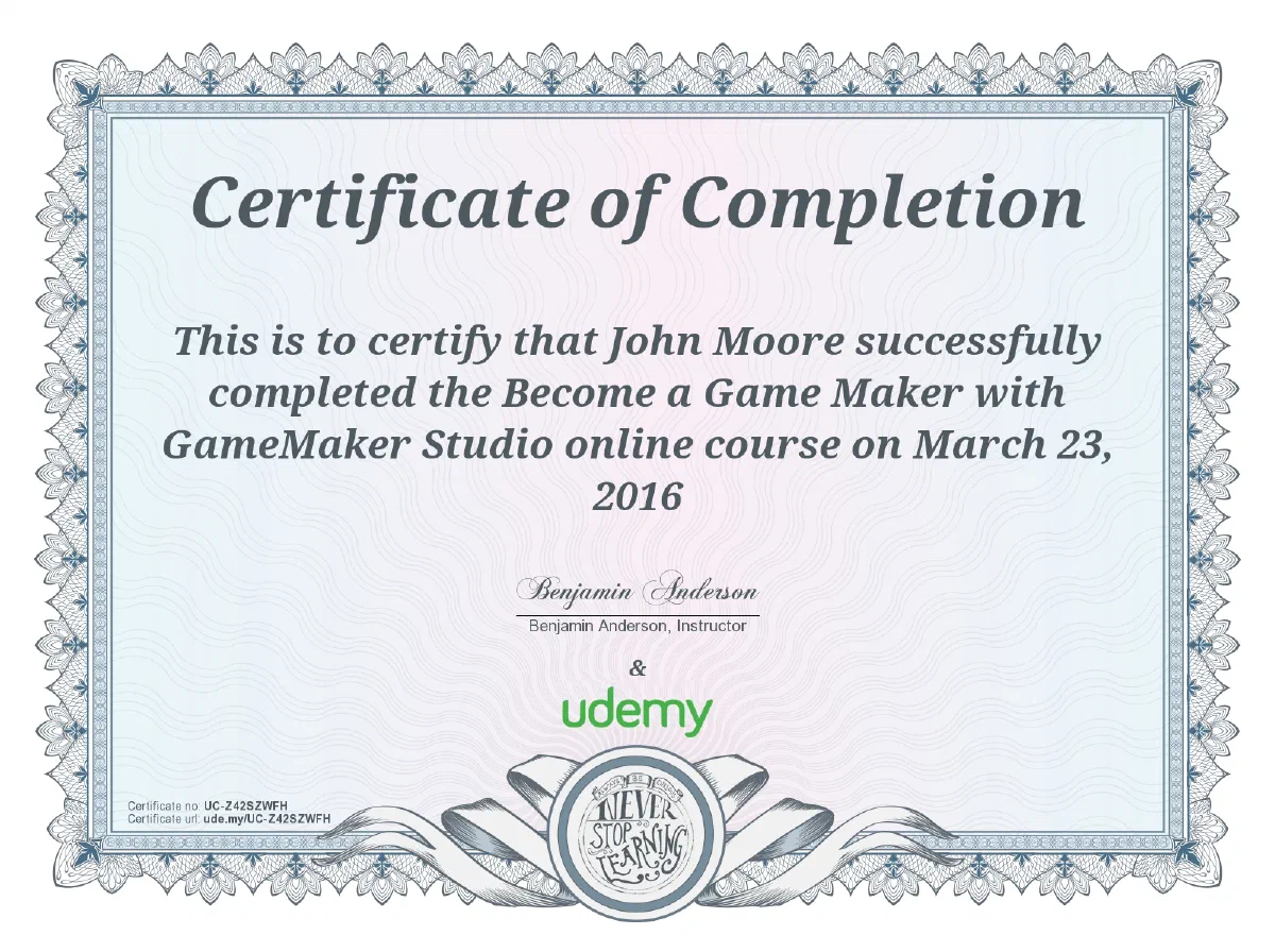 Become a Game Maker certificate issued to John Moore
